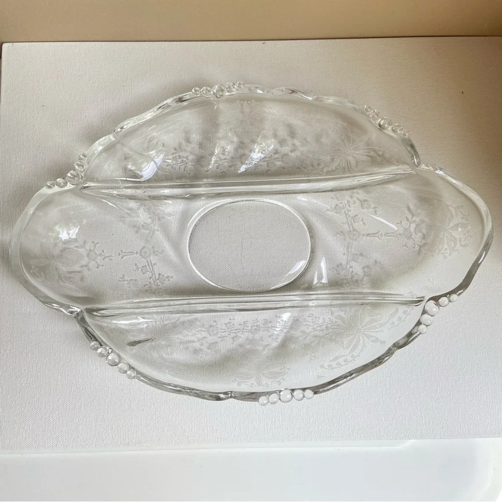 Heisey Glass etched orchids vintage clear divided three part serving tray dish